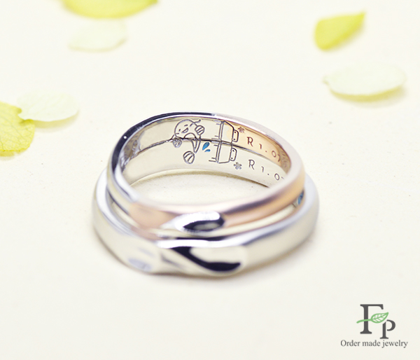 コンビネーションの結婚指輪 内側に手描きのイラストを彫刻 フォルムポッシュ