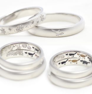 お家でオーダーメイドの結婚指輪作品＿02_愛猫3匹と思い出の景色を彫刻した結婚指輪