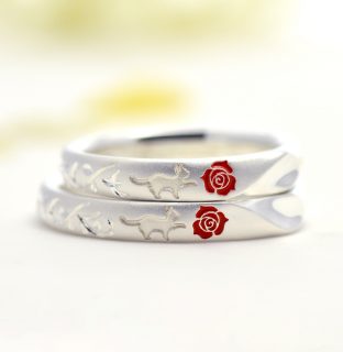フォルムポッシュオーダーメイド結婚指輪作品＿07猫と赤い薔薇の結婚指輪